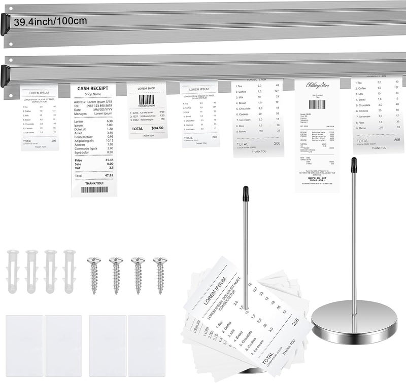 Photect 2 Pcs 39.4 Inch Restaurant Ticket Holder with 2 Stainless Steel Receipt Holder Spike Aluminum Slide Rack Rail for Restaurant Cafes Kitchen Pub Bar Hotel, Silver - Image 1